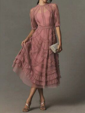 Anthropologie Mac Duggal 8058 Pink High Neck Micro Ruffle Tiered Midi Dress